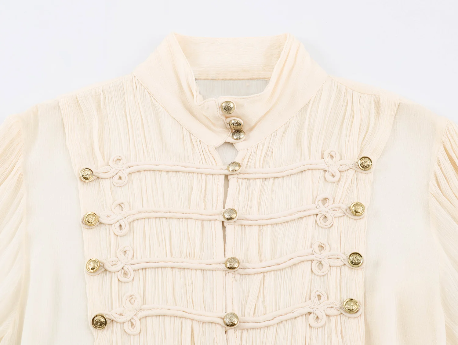 YENKYE Women Decorative Button Romantic Shirt Long Flare Sleeve High Neck Pleated Vintage Elegant Tops