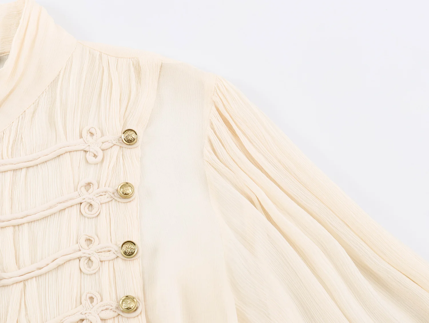 YENKYE Women Decorative Button Romantic Shirt Long Flare Sleeve High Neck Pleated Vintage Elegant Tops
