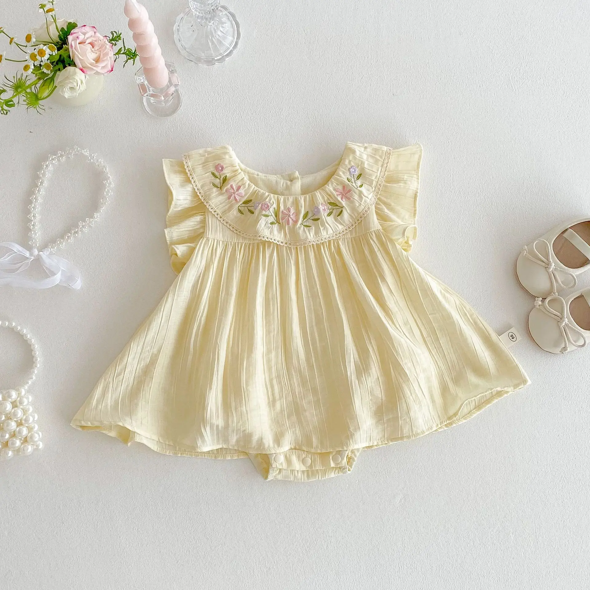 Baby Embroidery Bag Fart Dress 2025 New Summer Female Baby Korean Version Flying Sleeve Skirt Newborn Solid Color Clothes