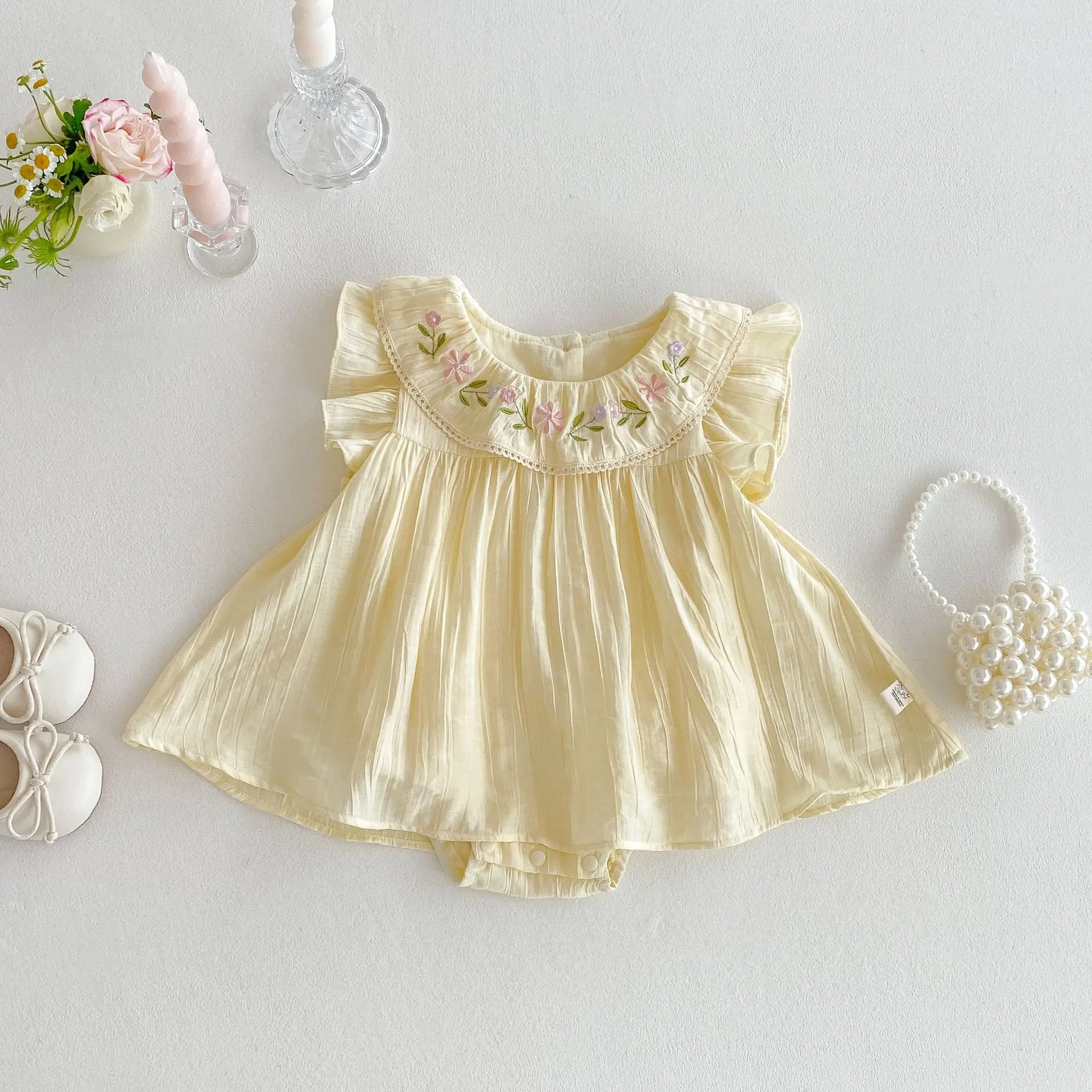 Baby Embroidery Bag Fart Dress 2025 New Summer Female Baby Korean Version Flying Sleeve Skirt Newborn Solid Color Clothes