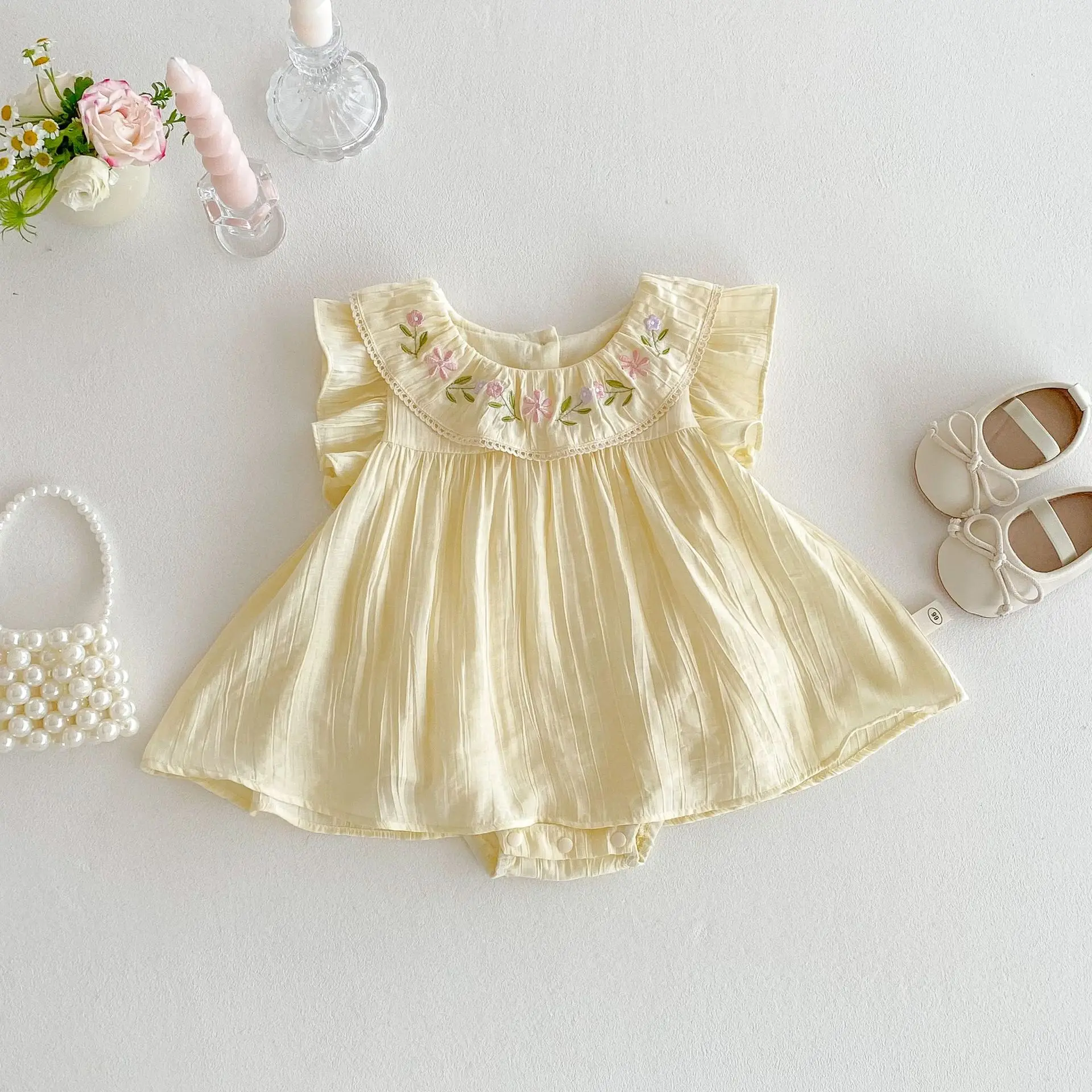 Baby Embroidery Bag Fart Dress 2025 New Summer Female Baby Korean Version Flying Sleeve Skirt Newborn Solid Color Clothes