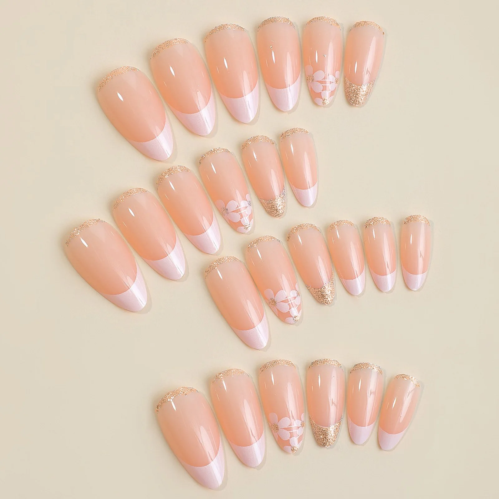 24pcs Nude Pink Almond Fake Nails Shiny Powder Flower Pattern French False Nails Wearable Full Cover Ins Simple Press on Nail