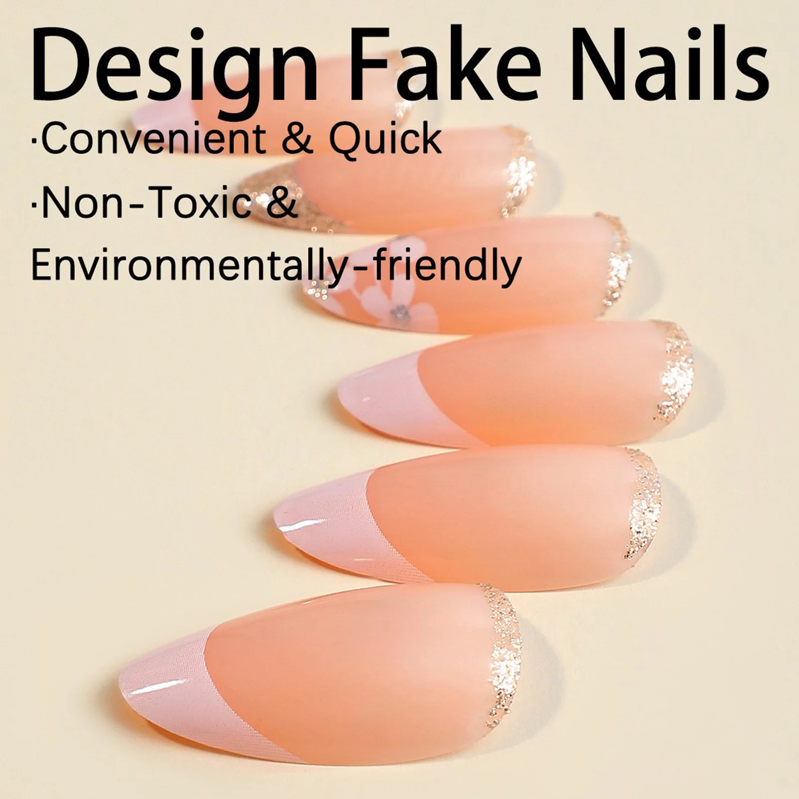 24pcs Nude Pink Almond Fake Nails Shiny Powder Flower Pattern French False Nails Wearable Full Cover Ins Simple Press on Nail