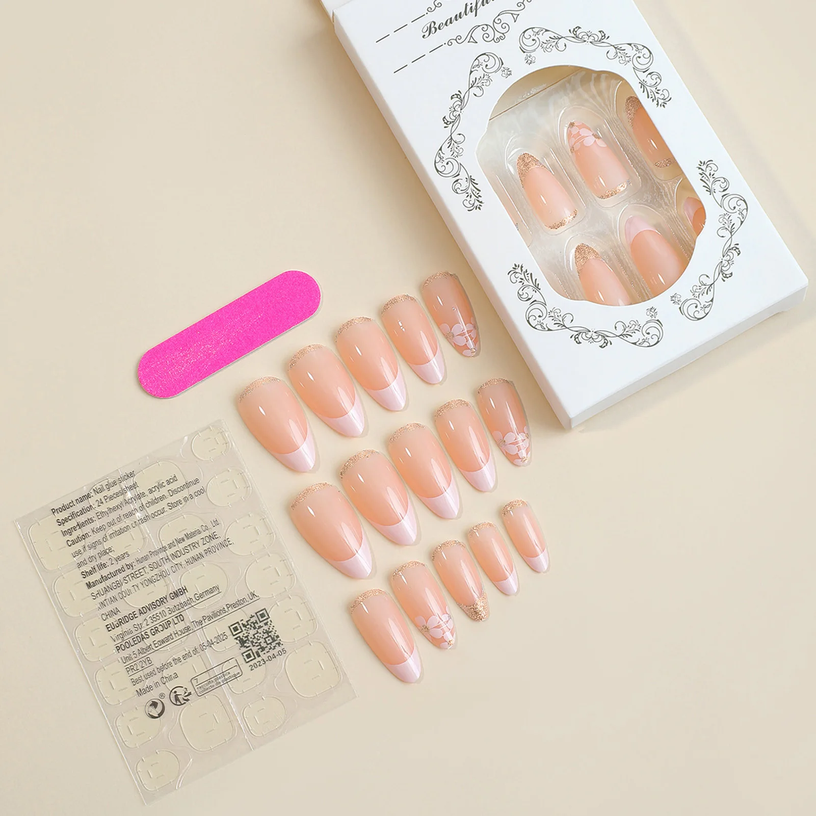 24pcs Nude Pink Almond Fake Nails Shiny Powder Flower Pattern French False Nails Wearable Full Cover Ins Simple Press on Nail