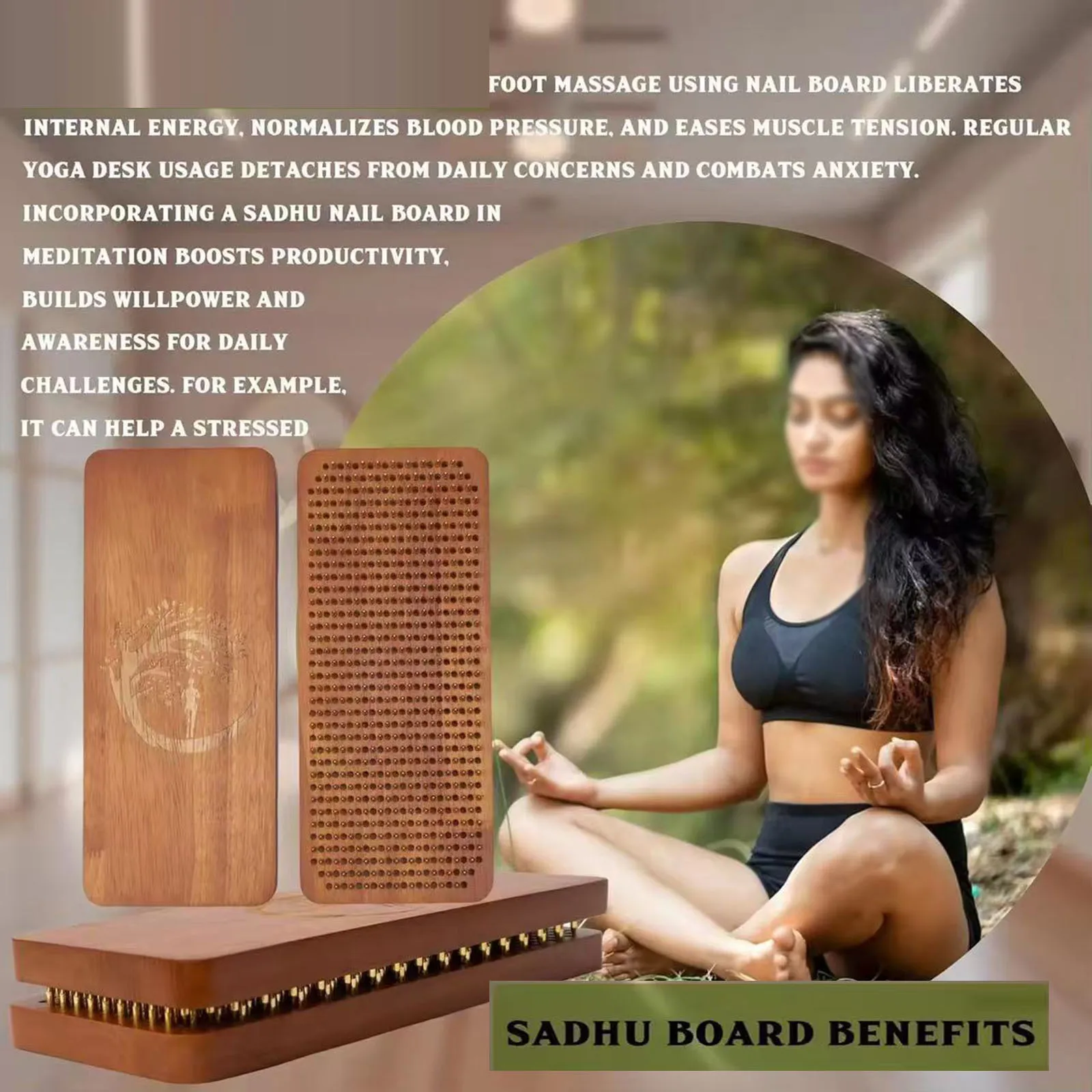 2Pcs Sadhu Board Wooden Yoga Board Foot Massage Board Meditation with Nails Home Gym Fitness Equipment for Standing Exercises