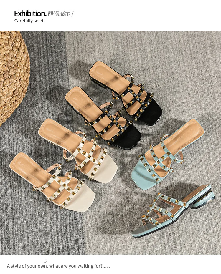 2026 Summer New Niche Design Metal Riveted Slippers Square with Real Casual Square Wear Fashion Large Size Women's Sandals 35-43