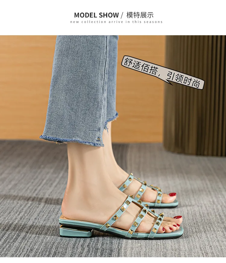 2026 Summer New Niche Design Metal Riveted Slippers Square with Real Casual Square Wear Fashion Large Size Women's Sandals 35-43