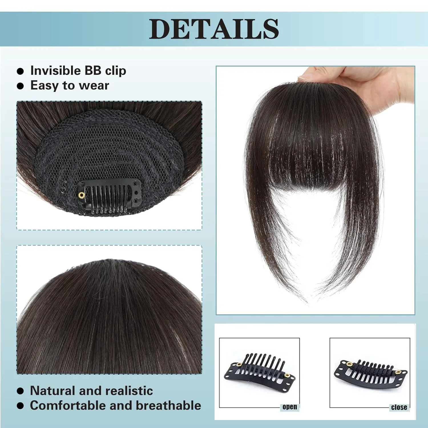Human Hair Clip In French Bangs With Temple for Women Remy Hair Fringe with Temples Hairpieces Curved Bangs for Daily Wear