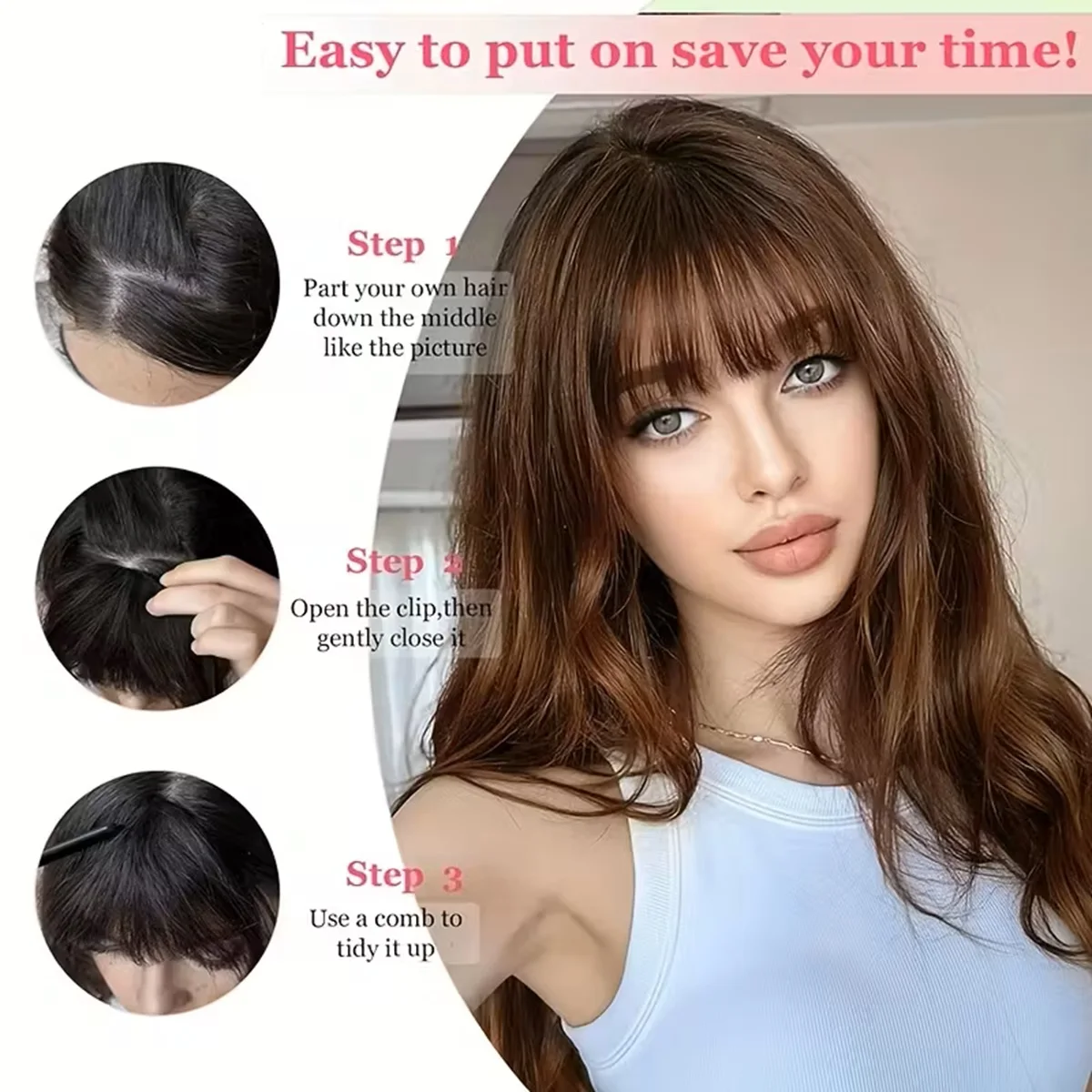 Human Hair Clip In French Bangs With Temple for Women Remy Hair Fringe with Temples Hairpieces Curved Bangs for Daily Wear