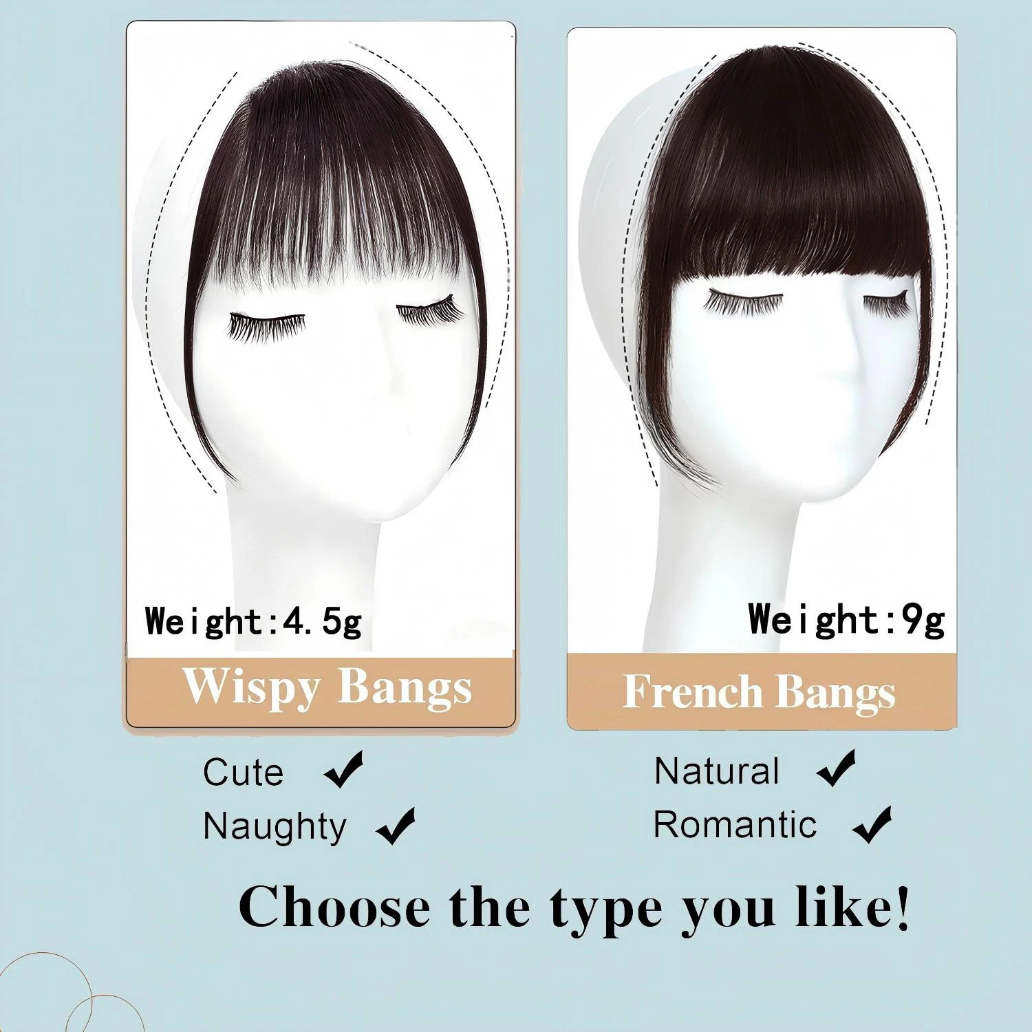 Human Hair Clip In French Bangs With Temple for Women Remy Hair Fringe with Temples Hairpieces Curved Bangs for Daily Wear