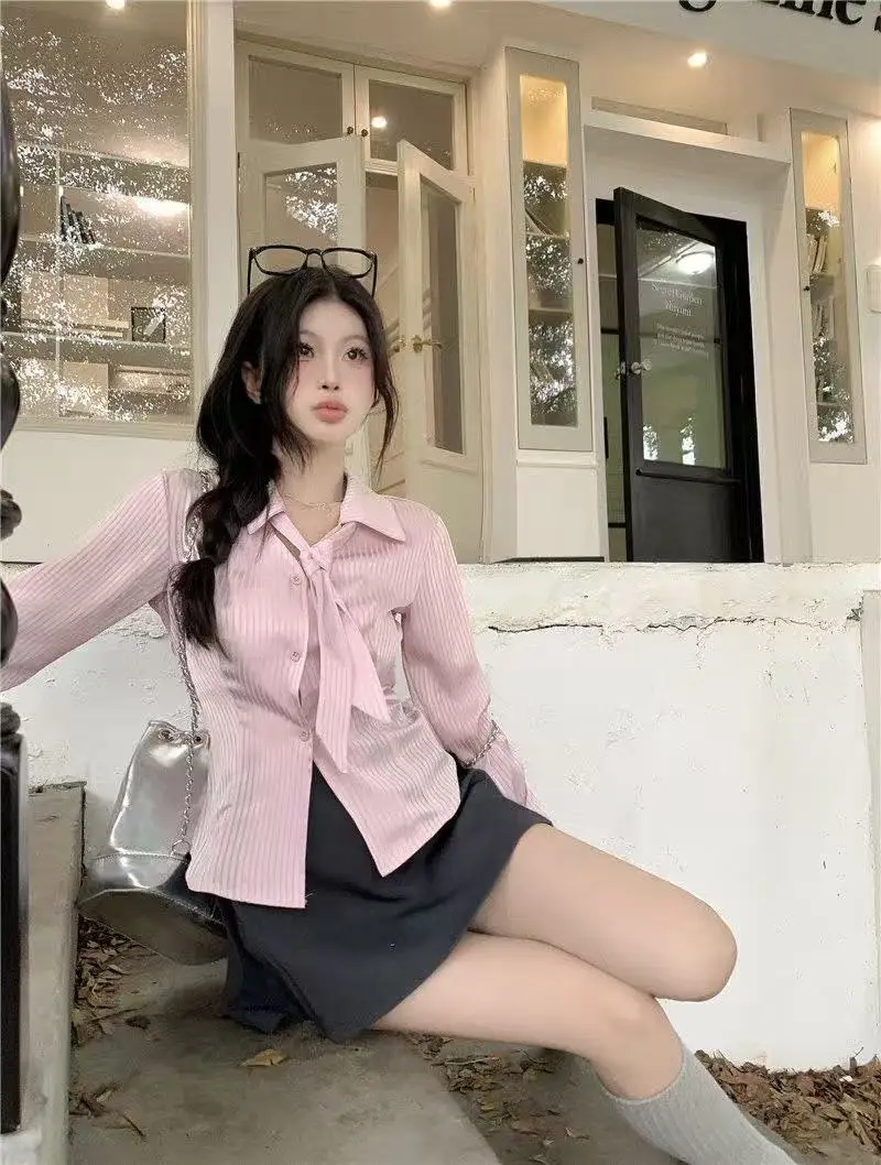 Korean Pink Striped Long Sleeve Shirt for Women Autumn 2026 Woman Fashion Lapel Collar Blouse Female Slim Fit Lace Up Shirts