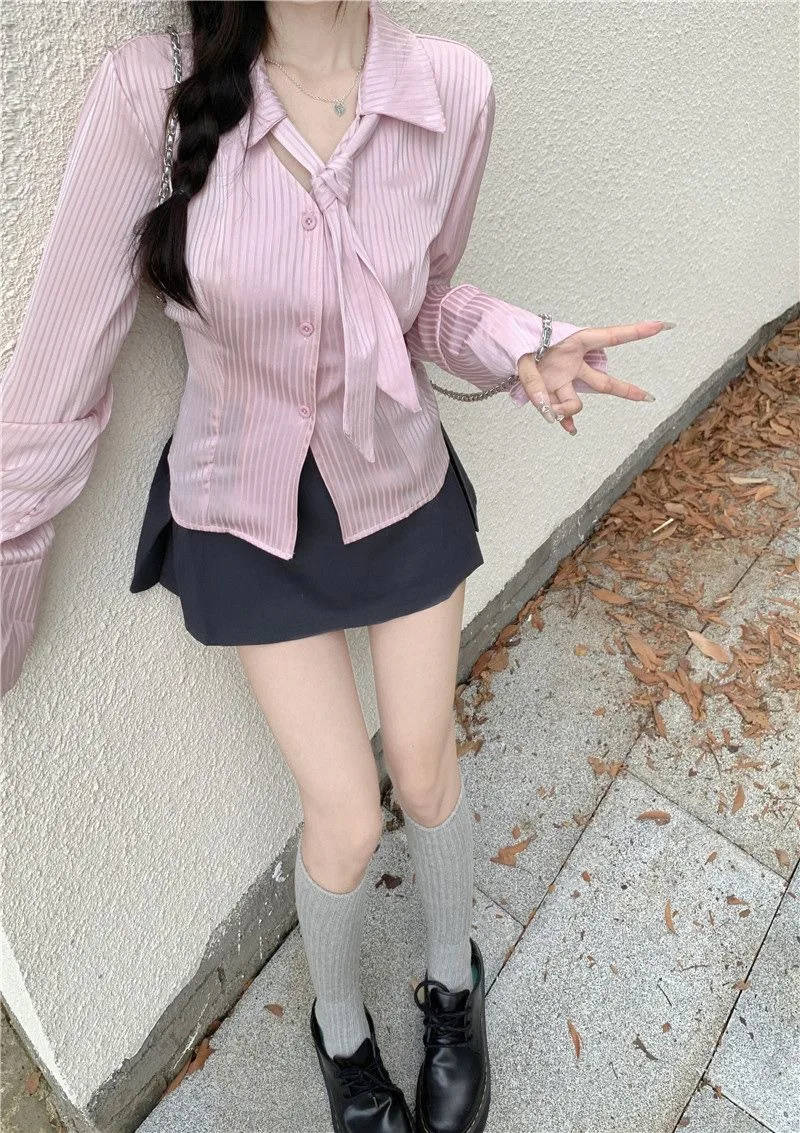 Korean Pink Striped Long Sleeve Shirt for Women Autumn 2026 Woman Fashion Lapel Collar Blouse Female Slim Fit Lace Up Shirts