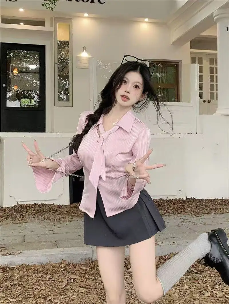 Korean Pink Striped Long Sleeve Shirt for Women Autumn 2026 Woman Fashion Lapel Collar Blouse Female Slim Fit Lace Up Shirts
