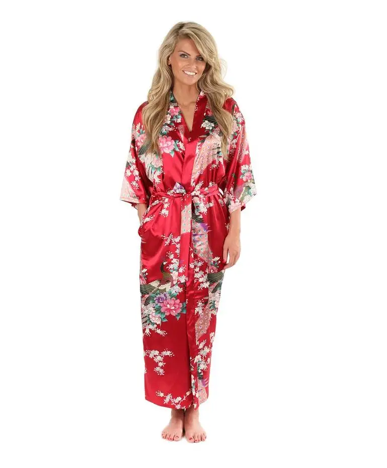 2015 Silk Bathrobe Women Satin Kimono Robes For Women Floral Robes Bridesmaids Long Kimono Robe Bride Silk Robe Dressing Gown