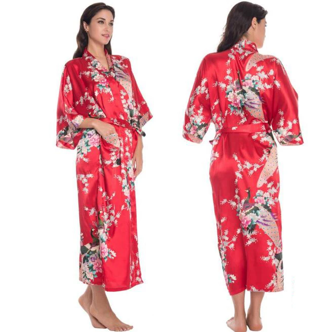 2015 Silk Bathrobe Women Satin Kimono Robes For Women Floral Robes Bridesmaids Long Kimono Robe Bride Silk Robe Dressing Gown