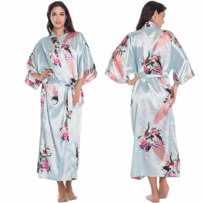 2015 Silk Bathrobe Women Satin Kimono Robes For Women Floral Robes Bridesmaids Long Kimono Robe Bride Silk Robe Dressing Gown