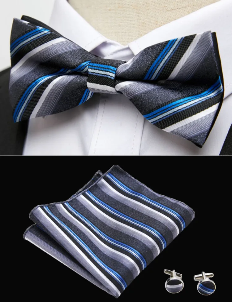 HUISHI Classic Blue Bowties For Men Paisley Floral Bow Tie Pocket Square Cufflinks Suit Set Wedding Party Plaid Solid Butterfly