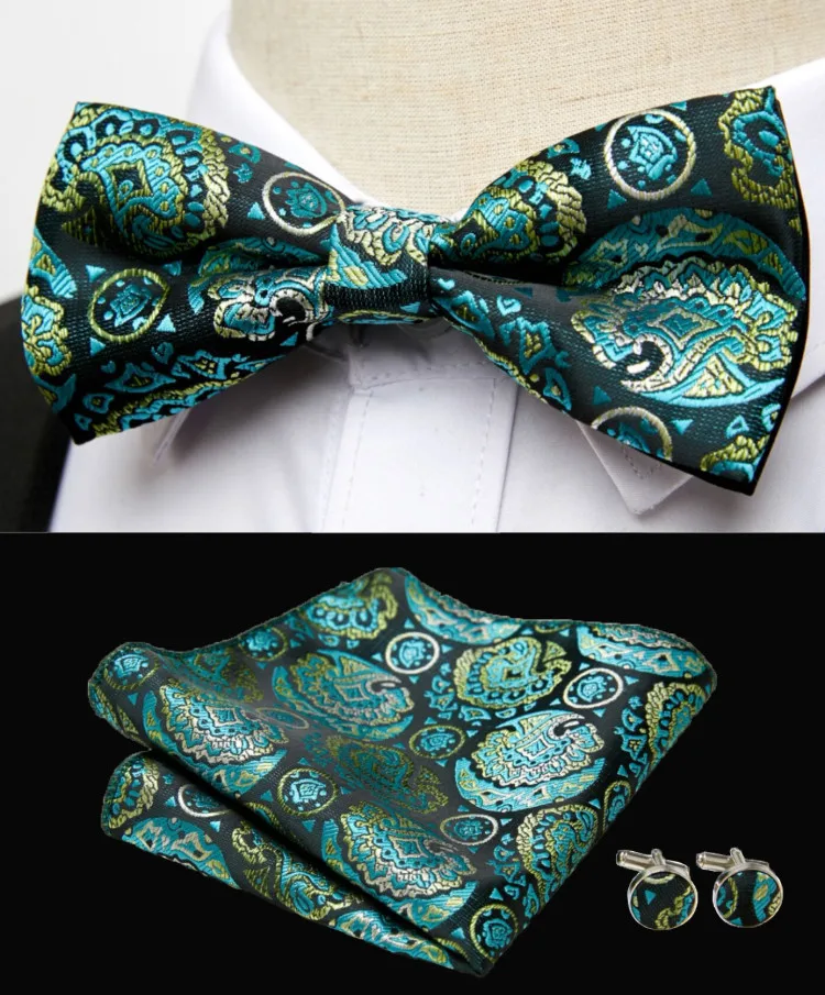 HUISHI Classic Blue Bowties For Men Paisley Floral Bow Tie Pocket Square Cufflinks Suit Set Wedding Party Plaid Solid Butterfly