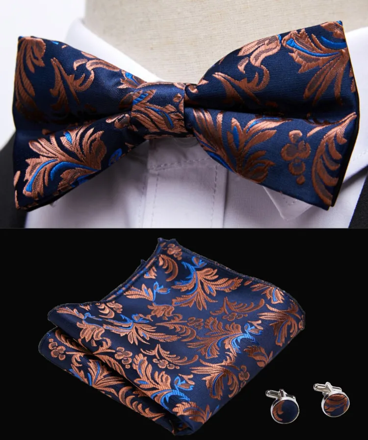 HUISHI Classic Blue Bowties For Men Paisley Floral Bow Tie Pocket Square Cufflinks Suit Set Wedding Party Plaid Solid Butterfly