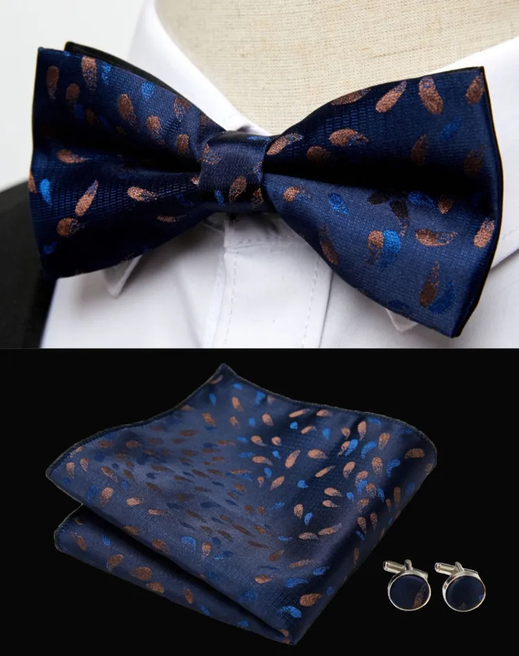 HUISHI Classic Blue Bowties For Men Paisley Floral Bow Tie Pocket Square Cufflinks Suit Set Wedding Party Plaid Solid Butterfly