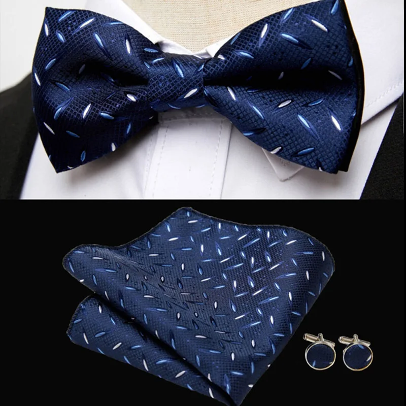 HUISHI Classic Blue Bowties For Men Paisley Floral Bow Tie Pocket Square Cufflinks Suit Set Wedding Party Plaid Solid Butterfly