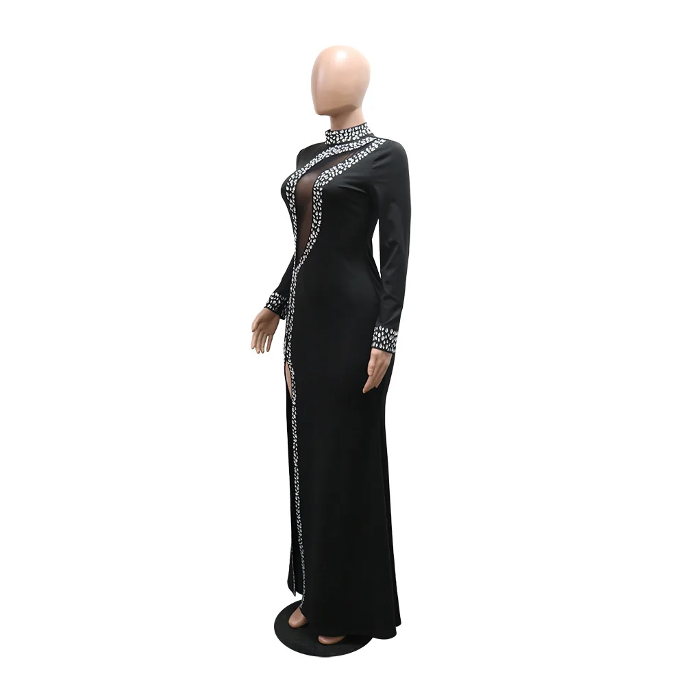 HBLL Factory Wholesale Black Long Sleeve Diamond Mesh Perspective Dress Sexy Celebrity Cocktail Party Bodycon Long Evening Dress