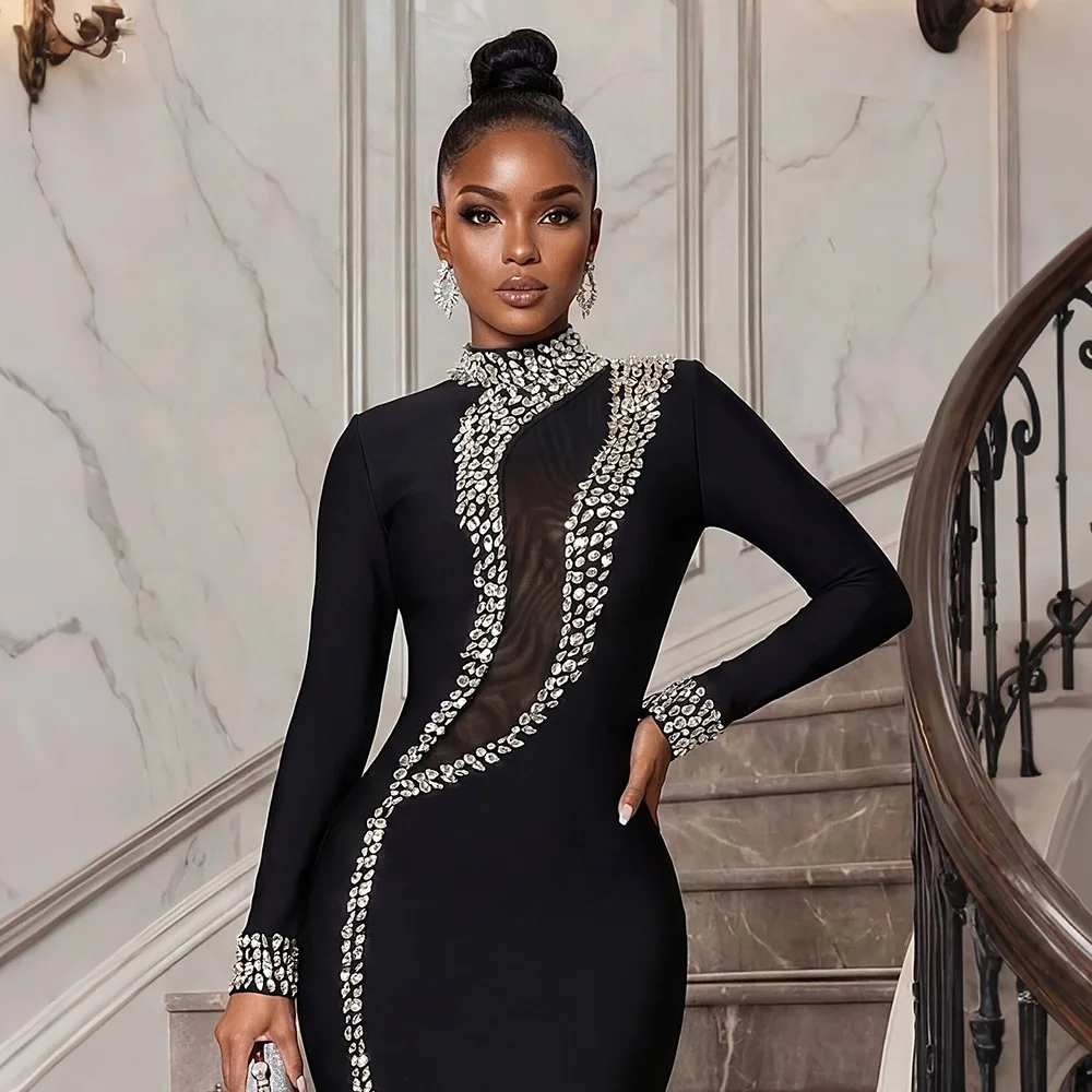 HBLL Factory Wholesale Black Long Sleeve Diamond Mesh Perspective Dress Sexy Celebrity Cocktail Party Bodycon Long Evening Dress