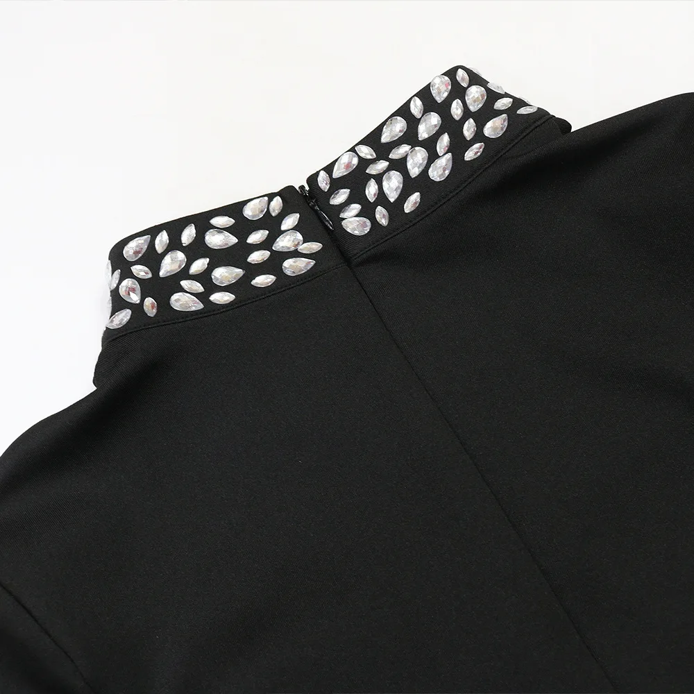 HBLL Factory Wholesale Black Long Sleeve Diamond Mesh Perspective Dress Sexy Celebrity Cocktail Party Bodycon Long Evening Dress