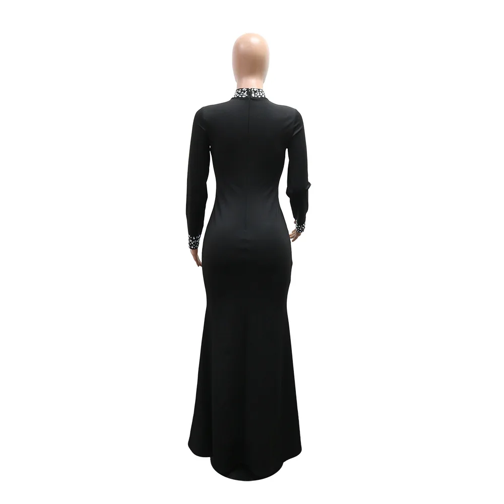 HBLL Factory Wholesale Black Long Sleeve Diamond Mesh Perspective Dress Sexy Celebrity Cocktail Party Bodycon Long Evening Dress