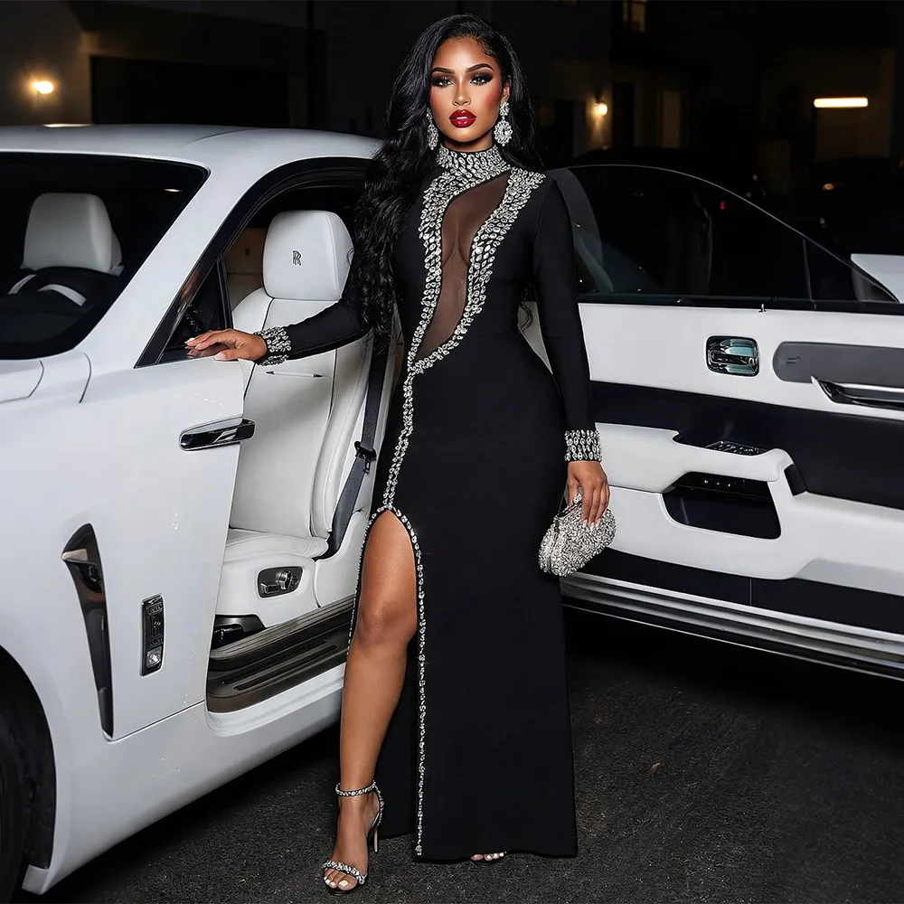 HBLL Factory Wholesale Black Long Sleeve Diamond Mesh Perspective Dress Sexy Celebrity Cocktail Party Bodycon Long Evening Dress