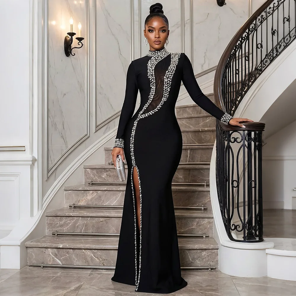 HBLL Factory Wholesale Black Long Sleeve Diamond Mesh Perspective Dress Sexy Celebrity Cocktail Party Bodycon Long Evening Dress