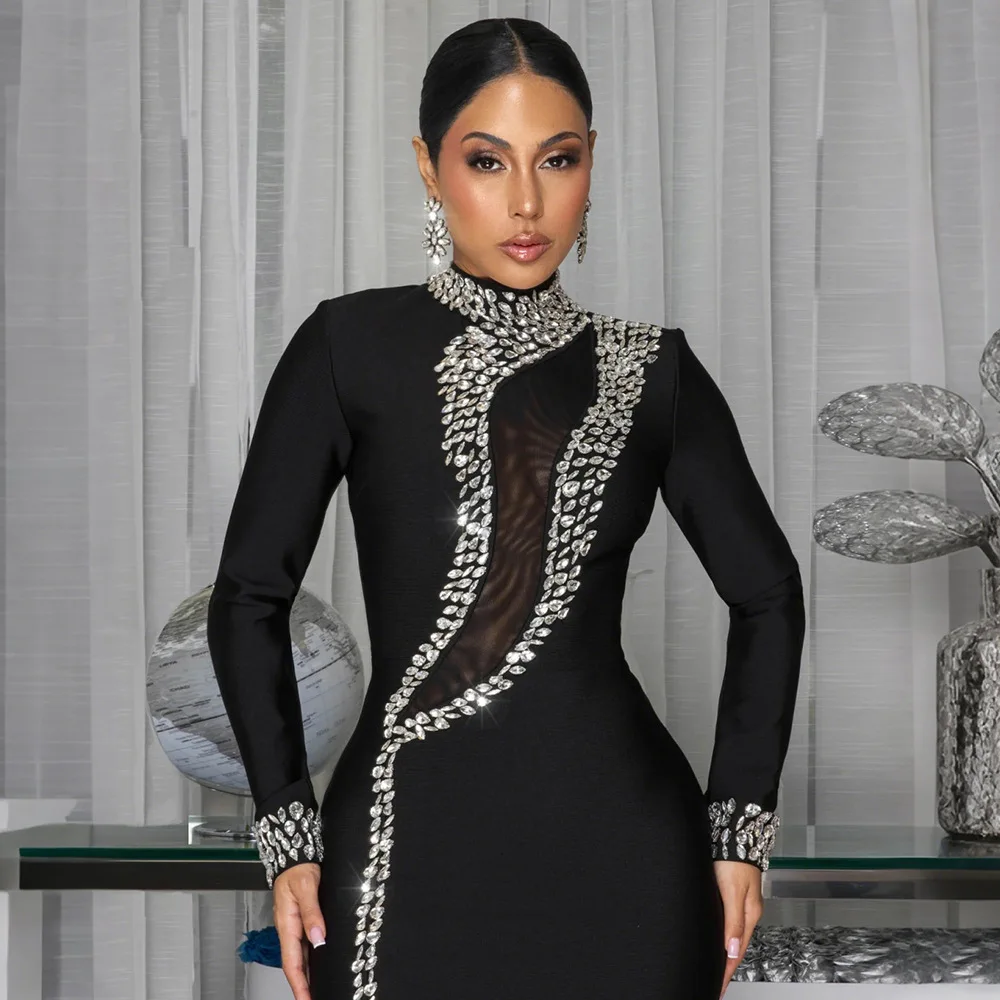 HBLL Factory Wholesale Black Long Sleeve Diamond Mesh Perspective Dress Sexy Celebrity Cocktail Party Bodycon Long Evening Dress