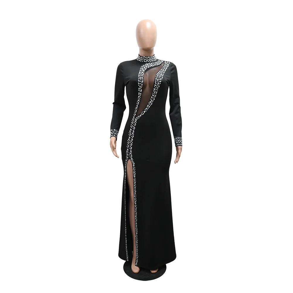 HBLL Factory Wholesale Black Long Sleeve Diamond Mesh Perspective Dress Sexy Celebrity Cocktail Party Bodycon Long Evening Dress