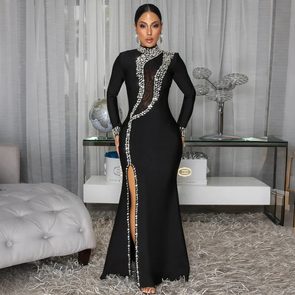 HBLL Factory Wholesale Black Long Sleeve Diamond Mesh Perspective Dress Sexy Celebrity Cocktail Party Bodycon Long Evening Dress