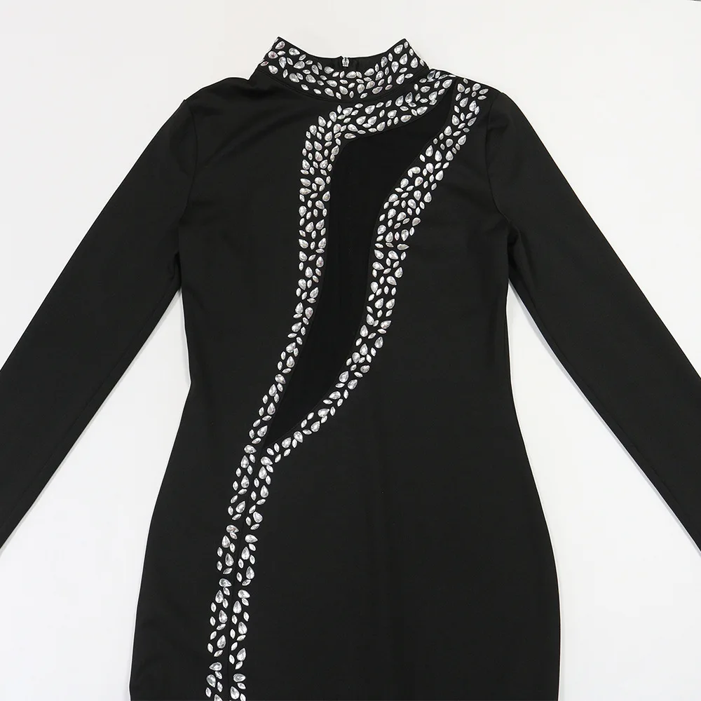 HBLL Factory Wholesale Black Long Sleeve Diamond Mesh Perspective Dress Sexy Celebrity Cocktail Party Bodycon Long Evening Dress