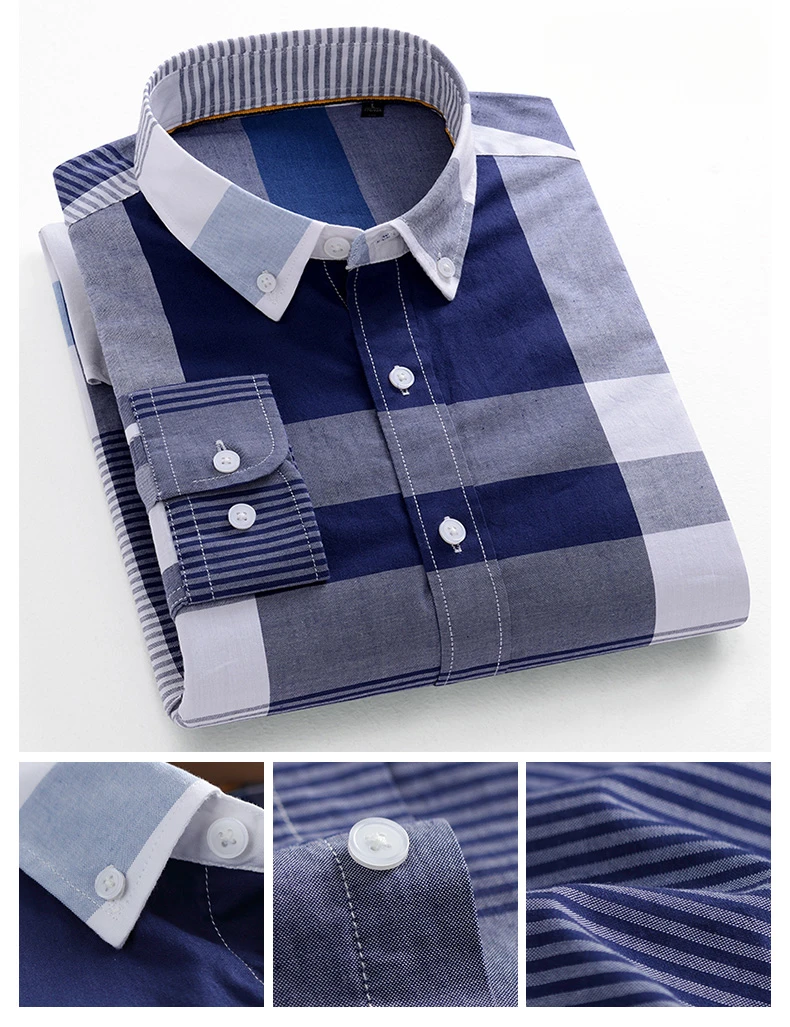Fashion Korean Trends Casual Long-Sleeve Shirts for Men Slim Fit Plain Shirt 100% Cotton Plaid Striped Tops Soft Designer Clothe