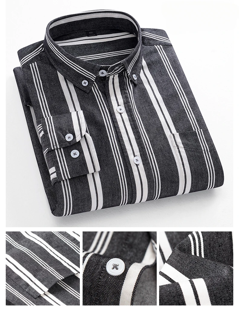 Fashion Korean Trends Casual Long-Sleeve Shirts for Men Slim Fit Plain Shirt 100% Cotton Plaid Striped Tops Soft Designer Clothe