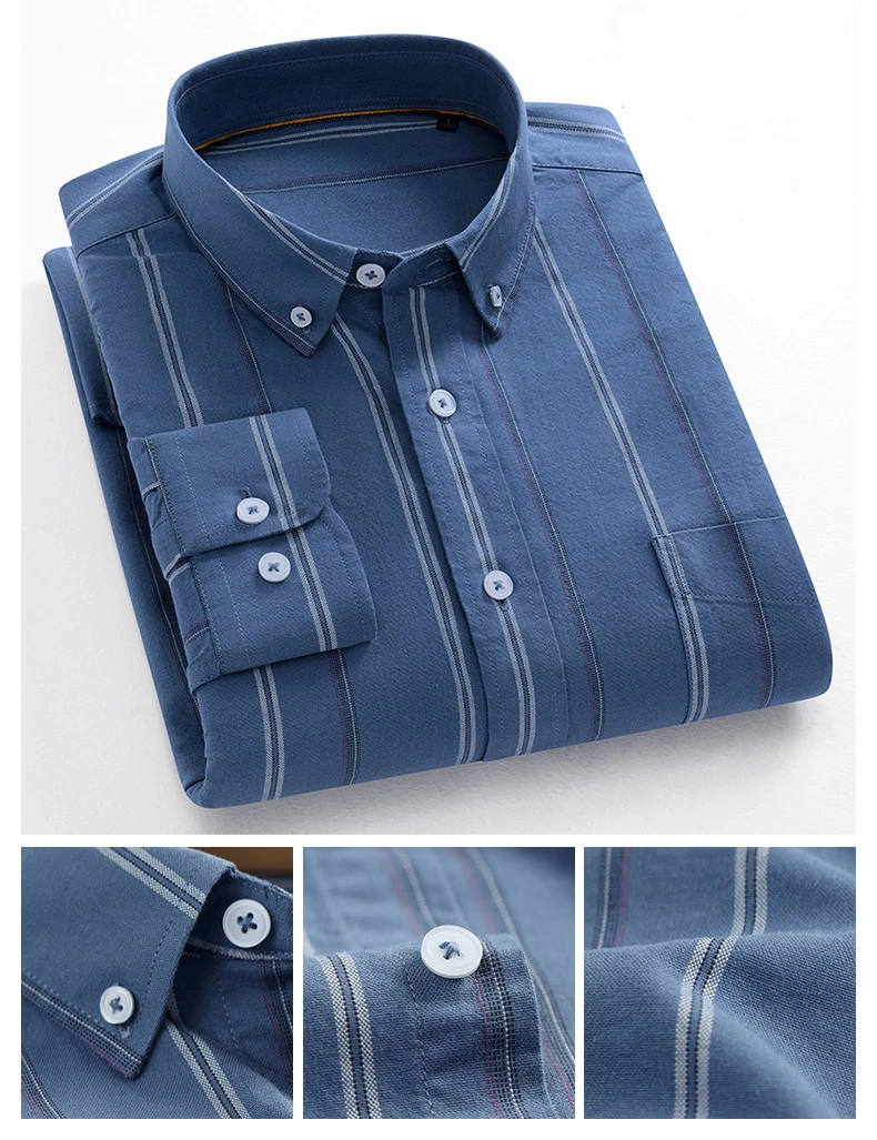 Fashion Korean Trends Casual Long-Sleeve Shirts for Men Slim Fit Plain Shirt 100% Cotton Plaid Striped Tops Soft Designer Clothe