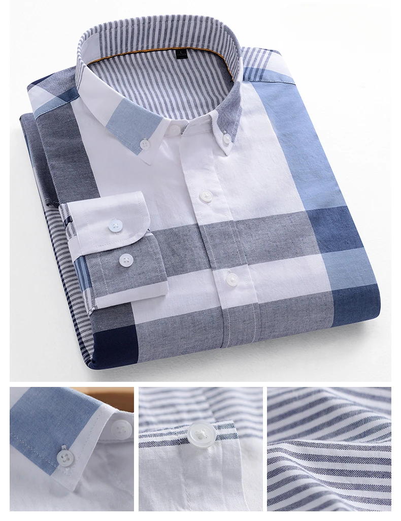 Fashion Korean Trends Casual Long-Sleeve Shirts for Men Slim Fit Plain Shirt 100% Cotton Plaid Striped Tops Soft Designer Clothe