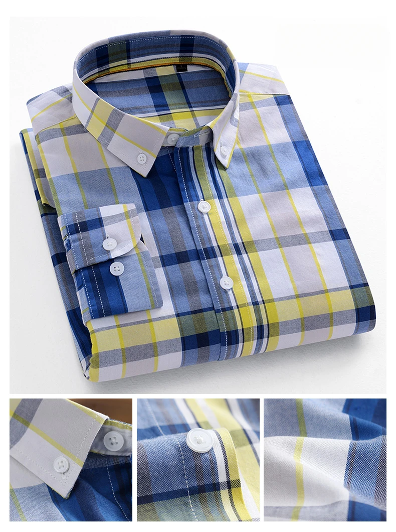 Fashion Korean Trends Casual Long-Sleeve Shirts for Men Slim Fit Plain Shirt 100% Cotton Plaid Striped Tops Soft Designer Clothe