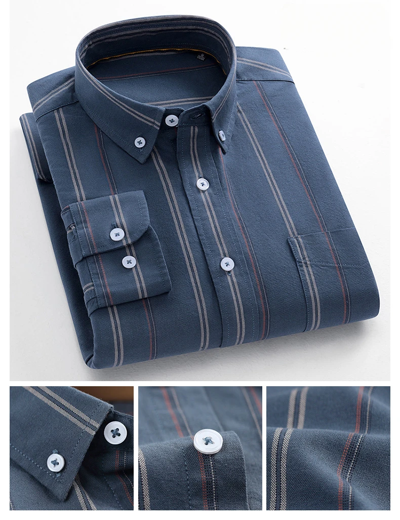 Fashion Korean Trends Casual Long-Sleeve Shirts for Men Slim Fit Plain Shirt 100% Cotton Plaid Striped Tops Soft Designer Clothe