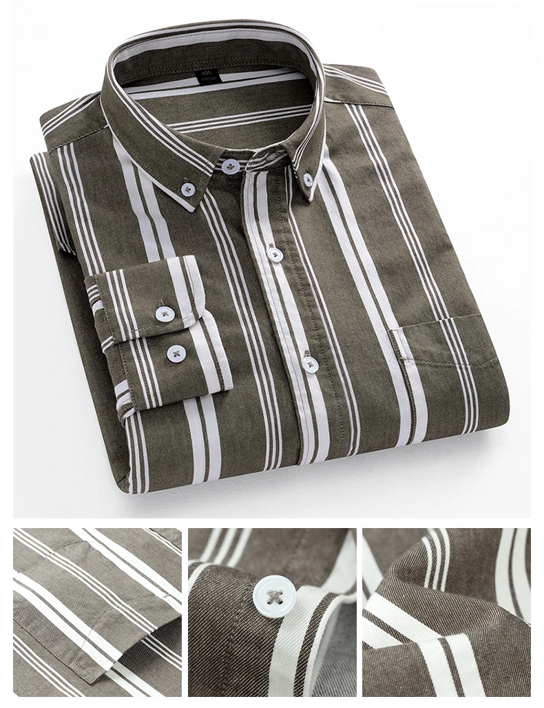 Fashion Korean Trends Casual Long-Sleeve Shirts for Men Slim Fit Plain Shirt 100% Cotton Plaid Striped Tops Soft Designer Clothe