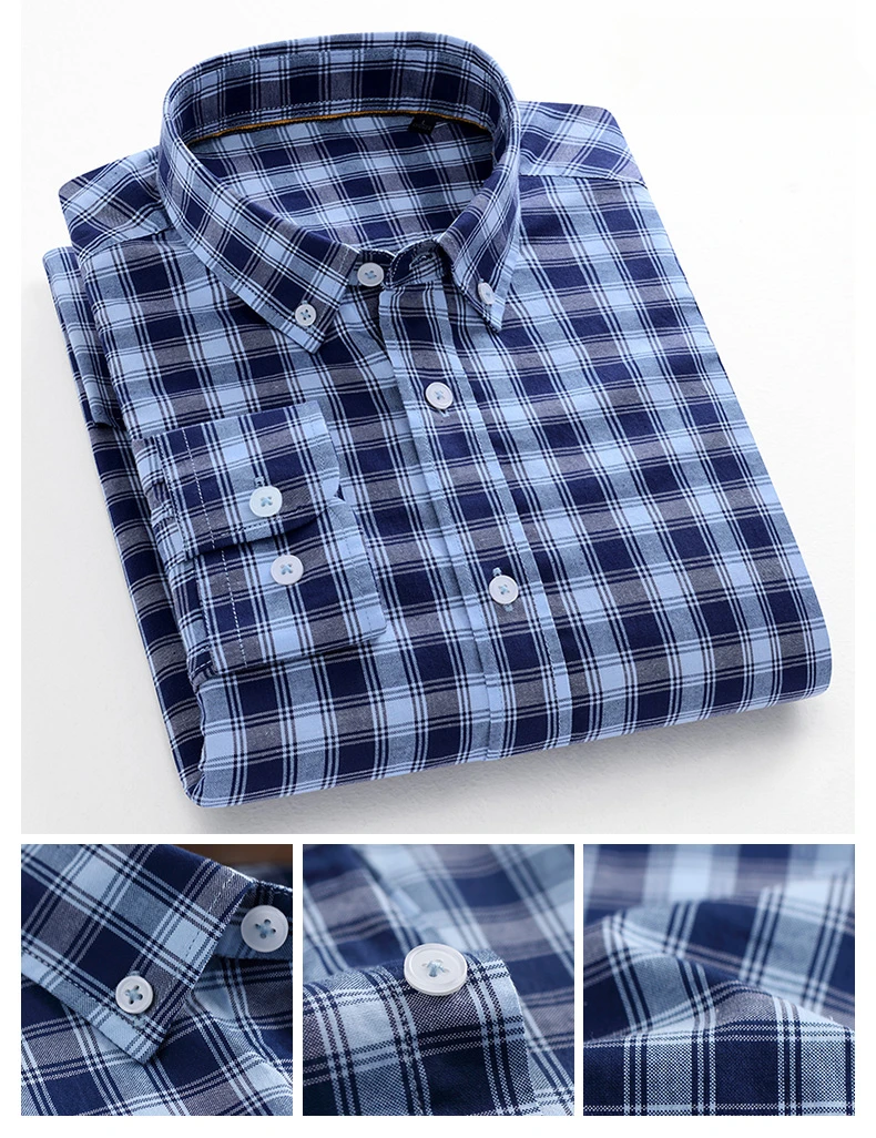 Fashion Korean Trends Casual Long-Sleeve Shirts for Men Slim Fit Plain Shirt 100% Cotton Plaid Striped Tops Soft Designer Clothe