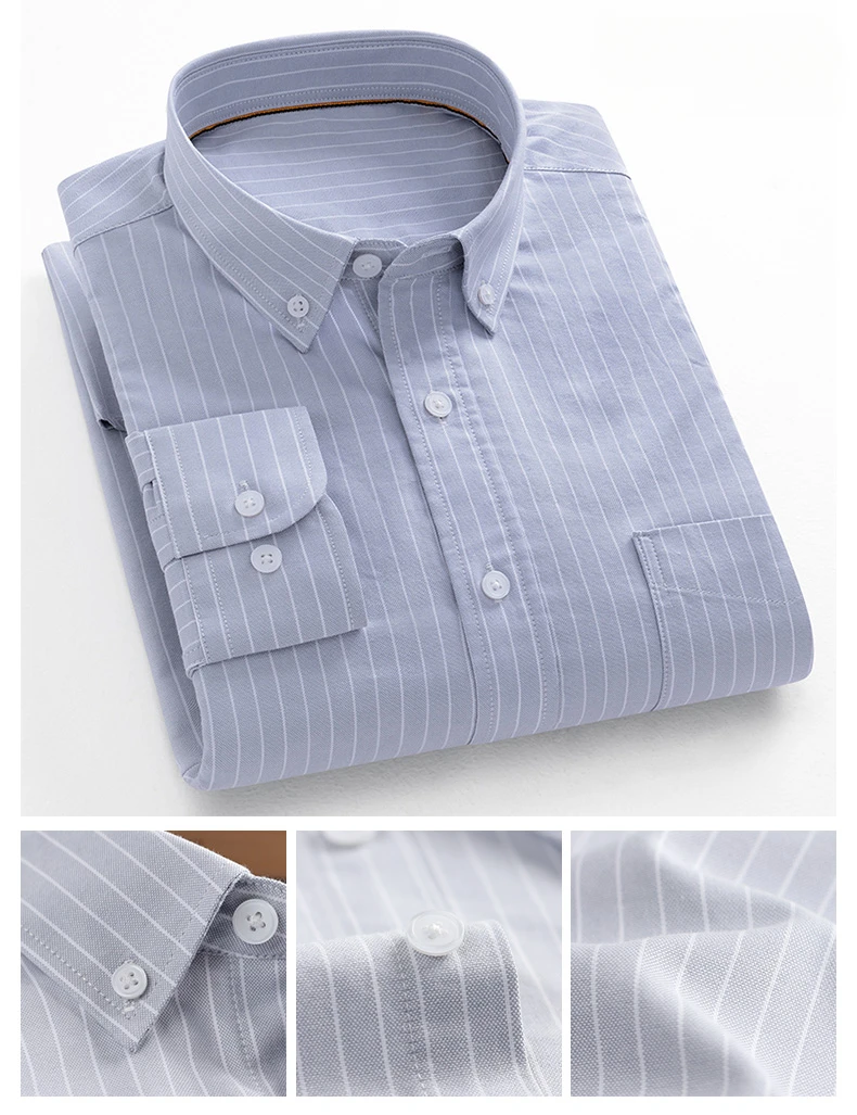 Fashion Korean Trends Casual Long-Sleeve Shirts for Men Slim Fit Plain Shirt 100% Cotton Plaid Striped Tops Soft Designer Clothe