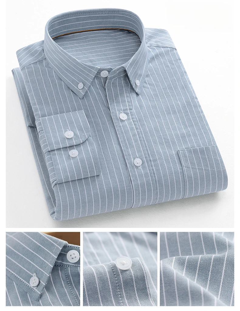 Fashion Korean Trends Casual Long-Sleeve Shirts for Men Slim Fit Plain Shirt 100% Cotton Plaid Striped Tops Soft Designer Clothe
