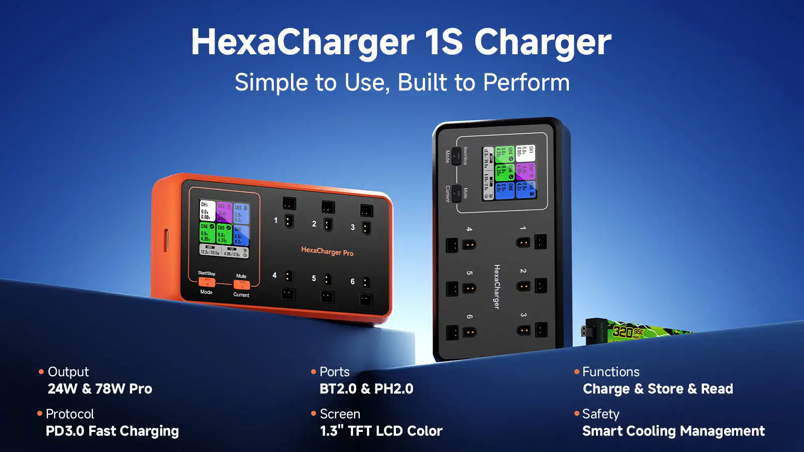 BETAFPV HexaCharger 1S Charger BT2.0/PH2.0 Ports 78W/24W PD 3.0 Charging for LiPo/LiHV 1S Whoop Battery