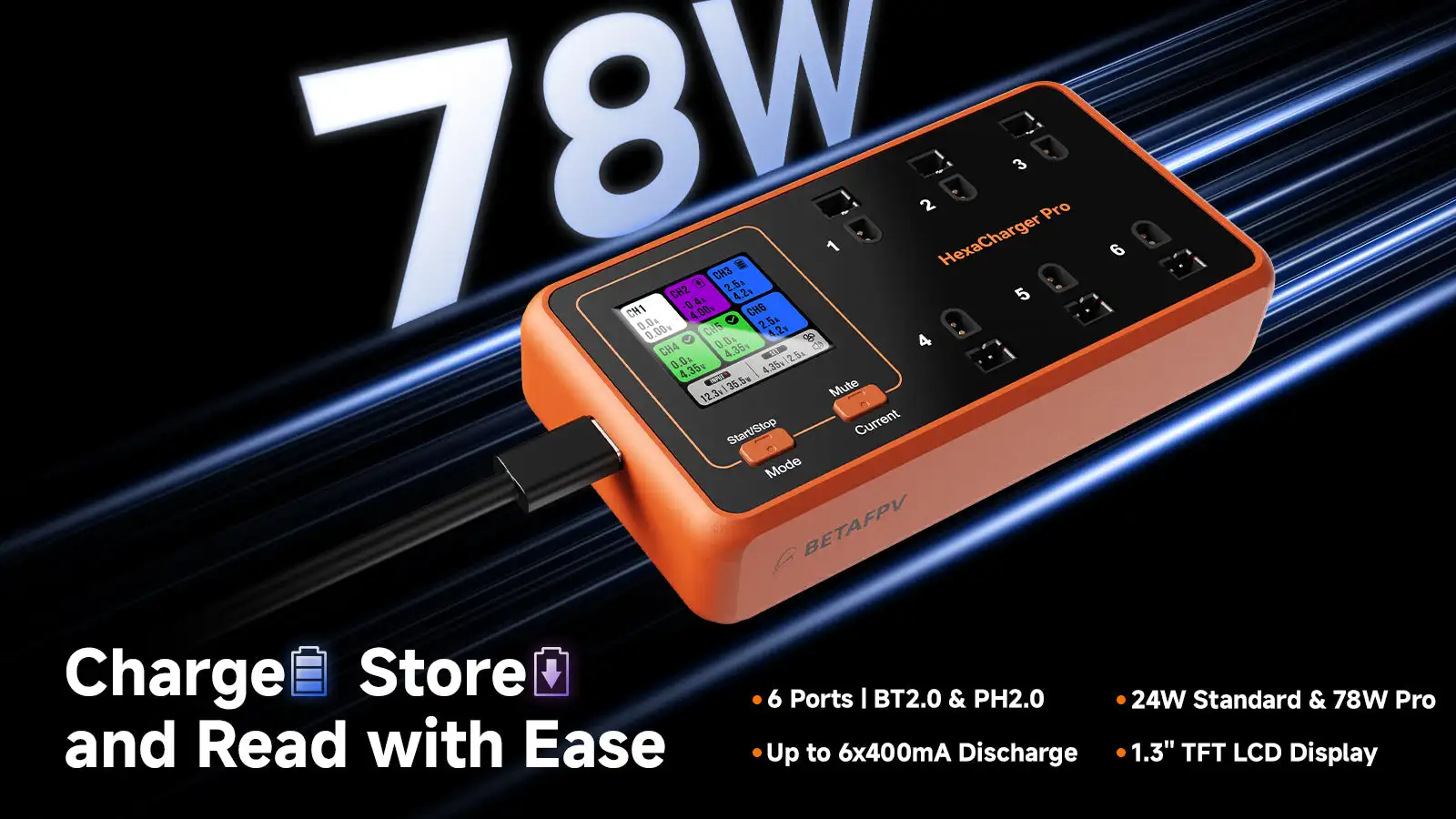 BETAFPV HexaCharger 1S Charger BT2.0/PH2.0 Ports 78W/24W PD 3.0 Charging for LiPo/LiHV 1S Whoop Battery