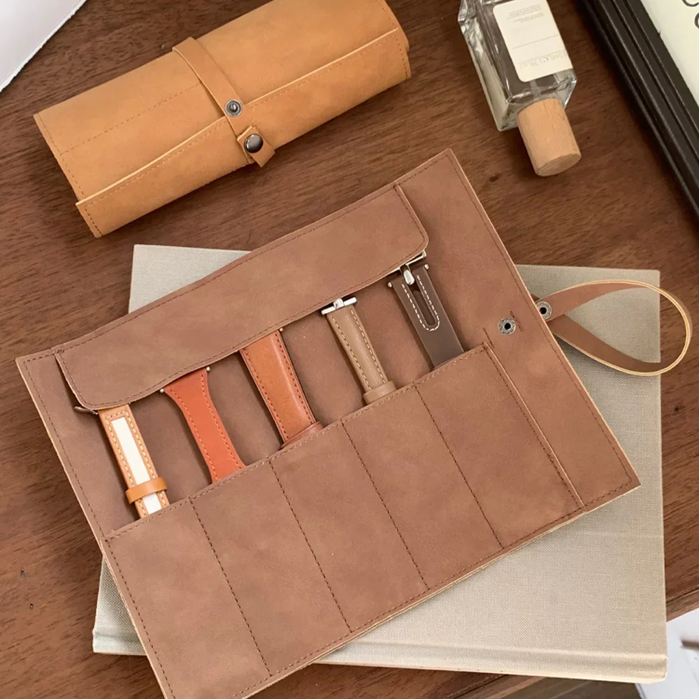 2026 Watch Band Roll Organizer with 5 Slots,Storage Box,Easy Carry On Watchlover Storage,Full Grain Leather,Handmade Travel Case