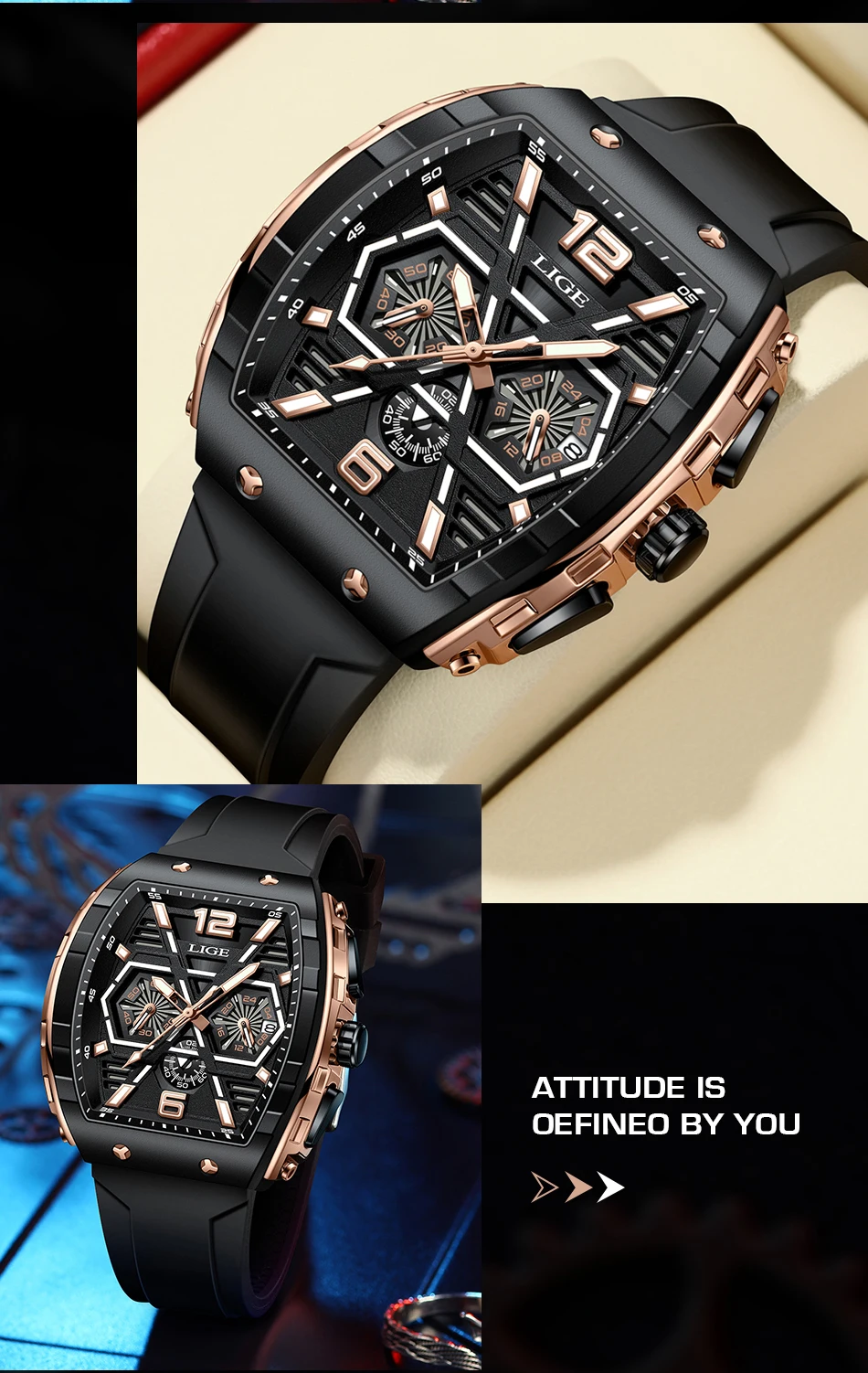 LIGE Men Watch Fashion Red Silicone Tonneau Sports Chronograph Quartz Wristwatch Casual Waterproof Watches For Men Reloj Hombre