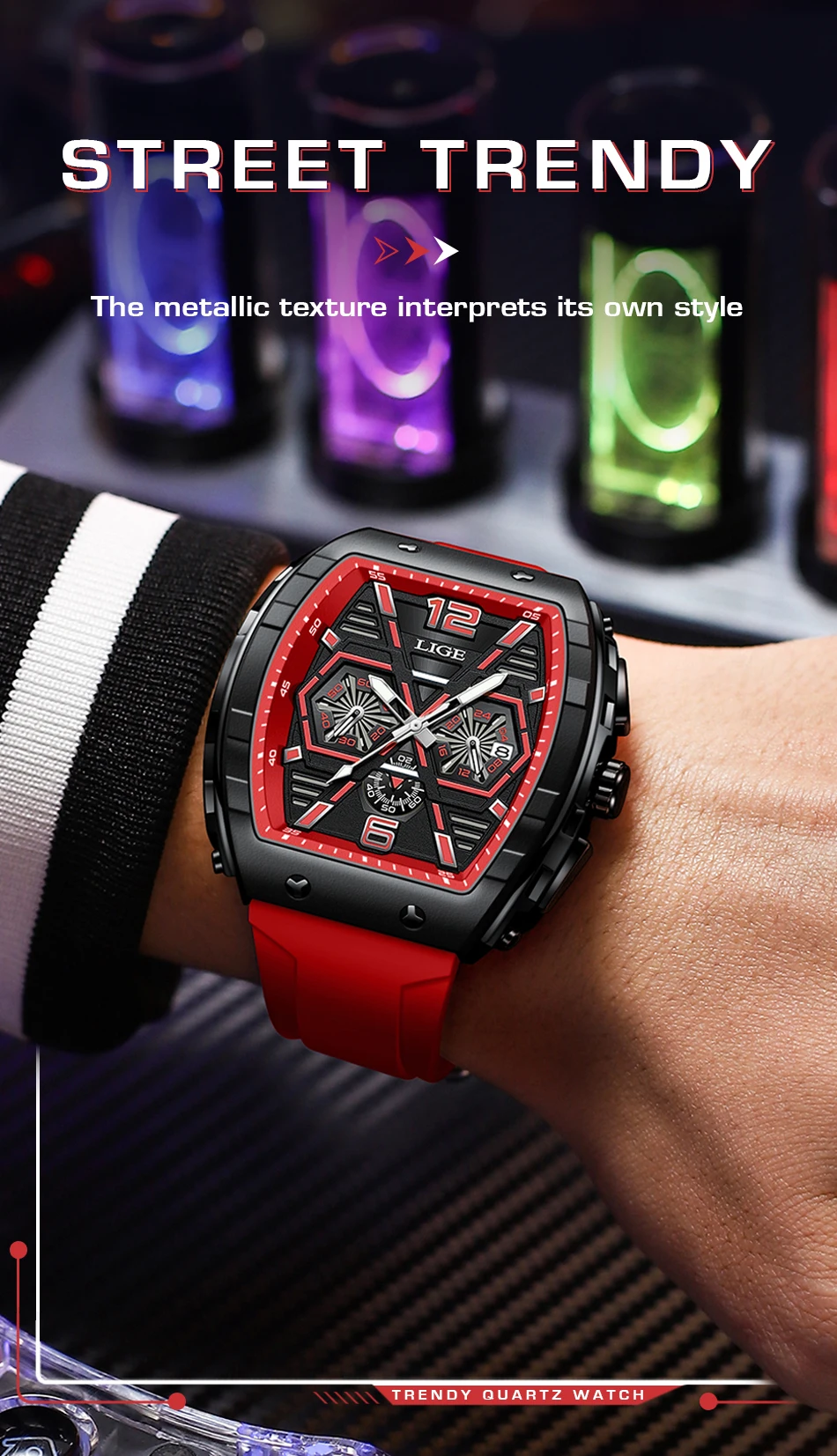 LIGE Men Watch Fashion Red Silicone Tonneau Sports Chronograph Quartz Wristwatch Casual Waterproof Watches For Men Reloj Hombre